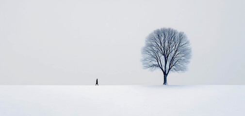 A solitary figure walks across a vast snow covered field towards a large bare tree under a pale overcast sky