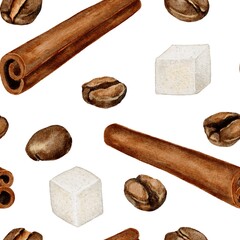 Seamless watercolor pattern featuring cinnamon sticks, coffee beans, and sugar cubes on a white background. Perfect for coffee packaging, textile prints, cafe decor, and wrapping paper