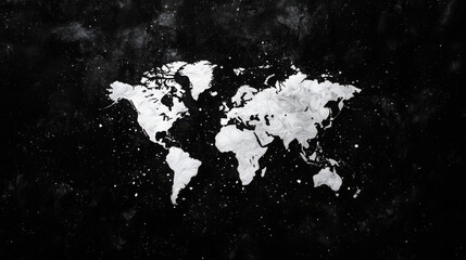 Abstract World Map with Black Background and White Marble Effect