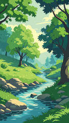 Vector Forest Landscape with Clear Flowing River Stream