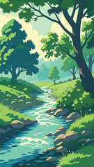 Vector Forest Landscape with Clear Flowing River Stream