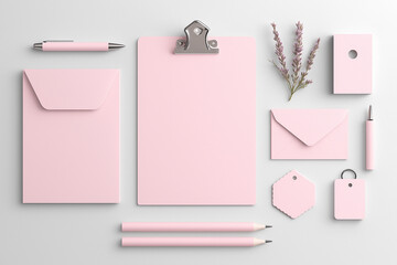 Overhead shot of pink stationery items including clipboard and envelopes on a white background © mubashar