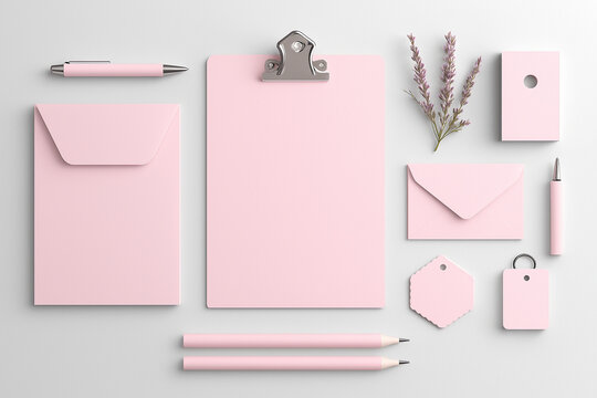 Overhead shot of pink stationery items including clipboard and envelopes on a white background