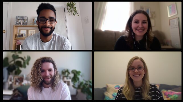 Group of friends engaged in a virtual conversation while smiling in various comfortable settings - Powered by Adobe