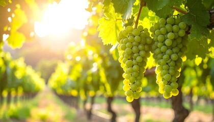 Fototapeta premium Lush green grapes hang on vines in a sun-drenched vineyard, ready for harvest.