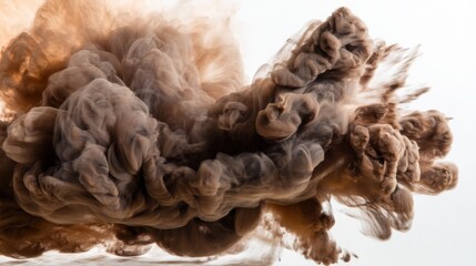 Dynamic brown and beige powder explosion with intricate swirls and billows, wispy edges dispersing into air, dramatic motion and energy on stark white background.