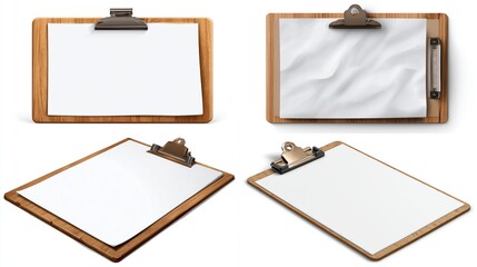 Four realistic wooden clipboards with blank white paper sheets, shown from different angles, ideal for presentations, mockups, or design projects.  Shadows and highlights create a 3D effect