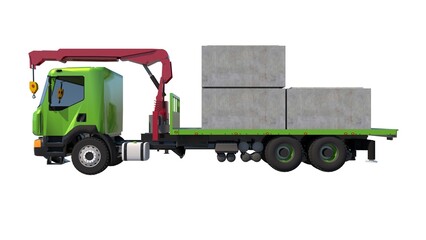 3D render of a green semitruck with a 20-ton mounted crane carrying three 200cmx200cmx120cm concrete box culverts in two front-visible rows from the side against a white set defining heavy transport
