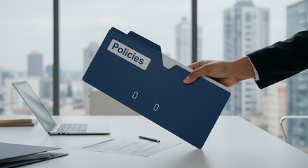 A hand is holding a policies folder in an office setting, representing business compliance and regulatory procedures