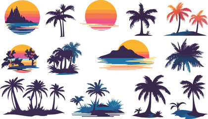 Fototapeta premium Tropical Island Silhouettes with Palm Trees and Sunset Seamless Vector Pattern