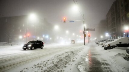 Urban Winter Storm Scene with Snow-Covered Street and Cars at Night