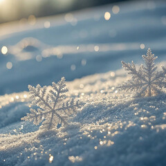 Close up of two ornate snowflakes resting on sparkling snow surface winter crystal