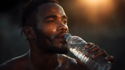 Person intensely drinking from nearly empty water bottle in heatwave
