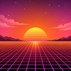 Retro sunset over neon grid landscape with mountains and stars synthwave vaporwave
