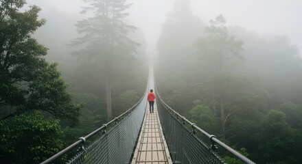 A solitary hiker crosses a misty suspension bridge in a lush green forest