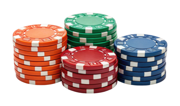 Colorful stacks of poker chips in red green blue and orange