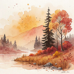 Watercolor landscape painting of autumn forest with river and mountains fall