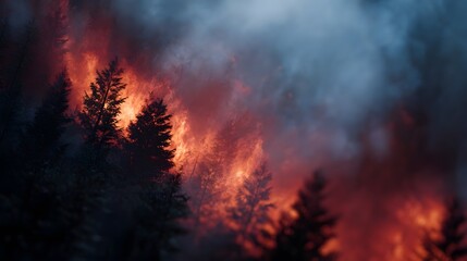 Raging wildfire engulfing a dense forest