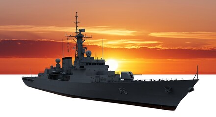 Fototapeta premium Warship silhouette at sunset