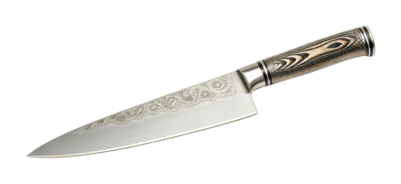 Elegant japanese chef knife with intricate damascus steel blade design