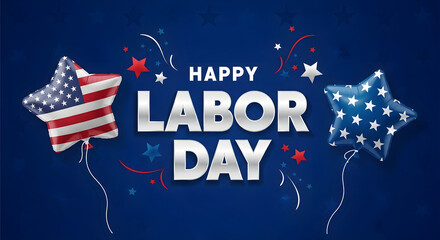 Happy Labor Day Greeting with Patriotic USA Flag Star Balloons
