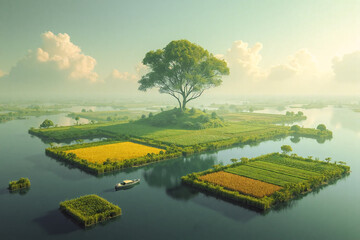 Green plant farms on small islands in water. Water farm landscape.