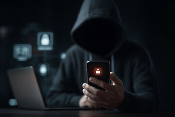 A hooded figure uses a phone and laptop in a dark setting, highlighting phishing alerts and AI-based threats. 