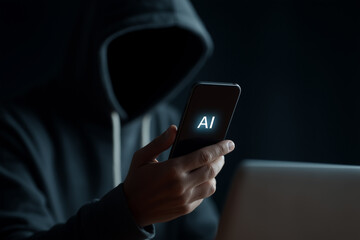 A hooded figure uses a phone and laptop in a dark setting, highlighting phishing alerts and AI-based threats. 