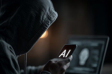 A hooded figure uses a phone and laptop in a dark setting, highlighting phishing alerts and AI-based threats. 