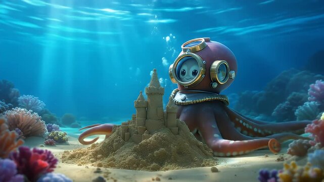 Cute cartoon octopus and fish underwater with a vintage diver helmet
