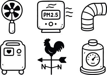 hand drawn cute doodle style isolated airflow anemometer air quality sensor ventilation duct oxygen concentrator wind vane barometric chamber