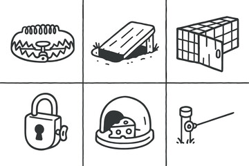 hand drawn cute doodle style isolated trap spring snare trap pitfall cover trap cage door trap mechanism lock trap bait station trap tripwire sensor