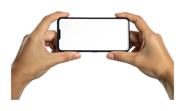 Female hands holding smartphone with blank screen for customization