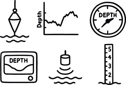 hand drawn cute doodle style isolated depth sounding depth chart graph depth compass gauge depth curvature scale depth sonar pinger depth measurement rod