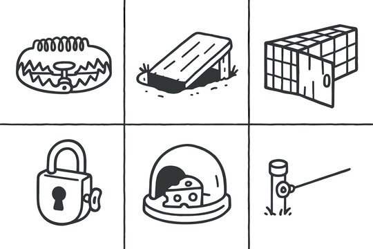 hand drawn cute doodle style isolated trap spring snare trap pitfall cover trap cage door trap mechanism lock trap bait station trap tripwire sensor