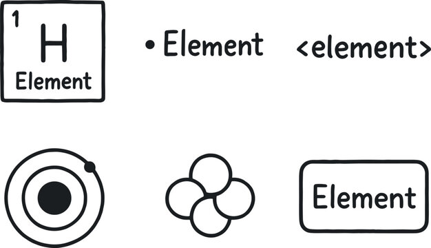hand drawn cute doodle style isolated element periodic table tile element list item element HTML tag element atomic model element core unit element block widget