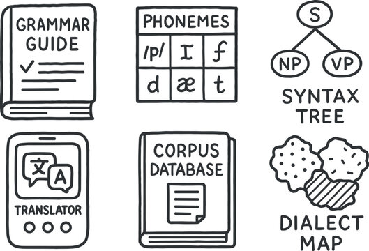 hand drawn cute doodle style isolated language grammar guide language phoneme chart language syntax tree language translator module language corpus database language dialect map