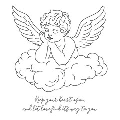 Fototapeta premium Vintage angel line art illustration with inspirational quote, cherub on cloud with wings and calligraphy spiritual and romantic t-shirt design