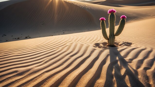 Flowering Cactus in Desert Sand Dunes at Sunset with Radiating Light