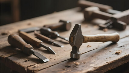 A collection of woodworking tools neatly arranged on a rustic wooden workbench.