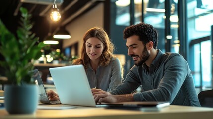 Mature white female manager helping young male employee on laptop during business project in meeting room, modern workplace collaboration with technology and professional guidance