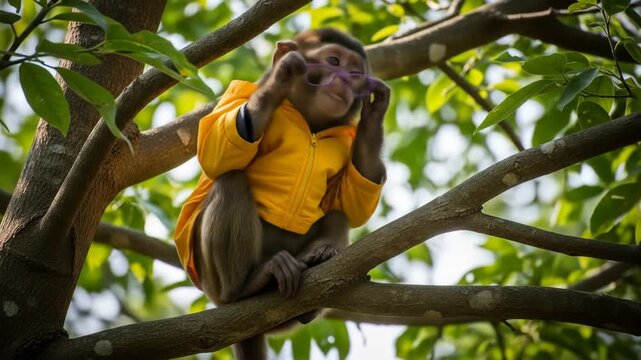 Smiling monkey in a yellow hoodie sitting on a tree branch, creating a playful and quirky animal portrait in a natural environment.