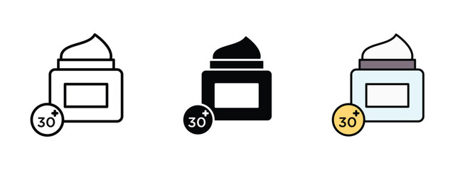set of pixel perfect colored Anti aging cream icon , 1 Silhouette, 1 Unexpanded, Jar of cream labeled with clock or youth symbols indicating anti-aging product.