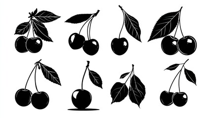 Collection of stylized black and white cherry silhouettes.
