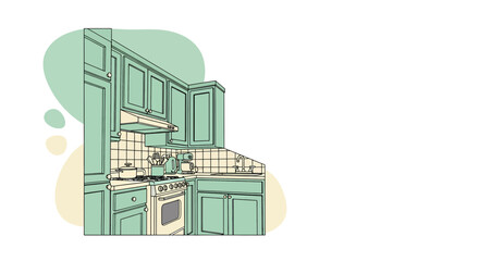 Naklejka premium Kitchen with cabinets stove and sink in flat style
