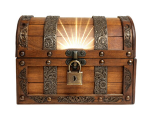 Ancient wooden treasure chest illuminated with glowing light from within
