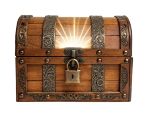 Ancient wooden treasure chest illuminated with glowing light from within