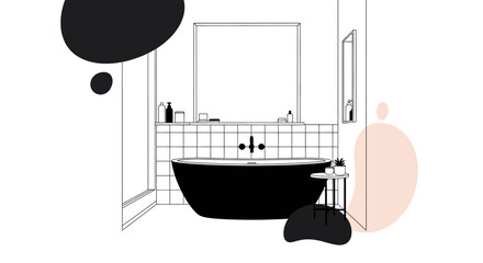 Fototapeta premium Minimalist bathroom with bathtub and decorative plants