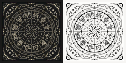 Astrology Horoscope wheel circle with zodiac signs. Mystery and esoteric style vector illustration. Horoscope Witchcraft  calendar wheel chart vector illustration. collection zodiacal animals design.