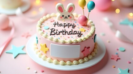 Adorable pastel-themed birthday cakes decorated with cute animal toppers including dogs, cats, and bunnies, surrounded by colorful balloons. Each cake features space for customizable "Happy Birthday" 